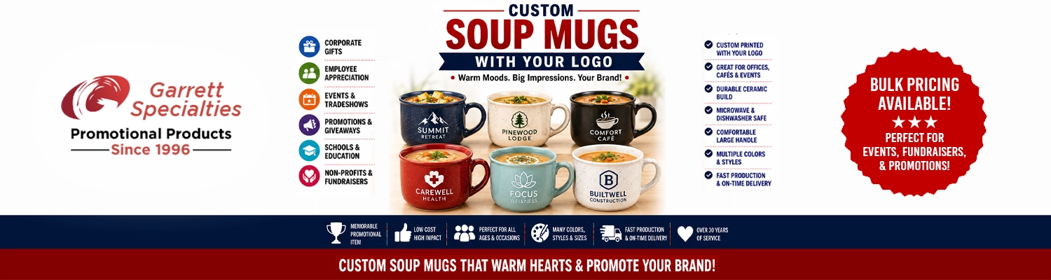 Custom ceramic soup mugs with handles and vented lids printed with corporate logo