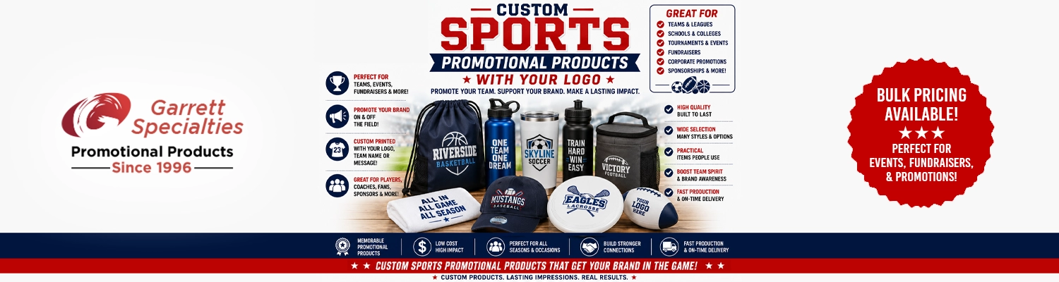 Assorted custom sports promotional products and athletic items printed with company logo branding