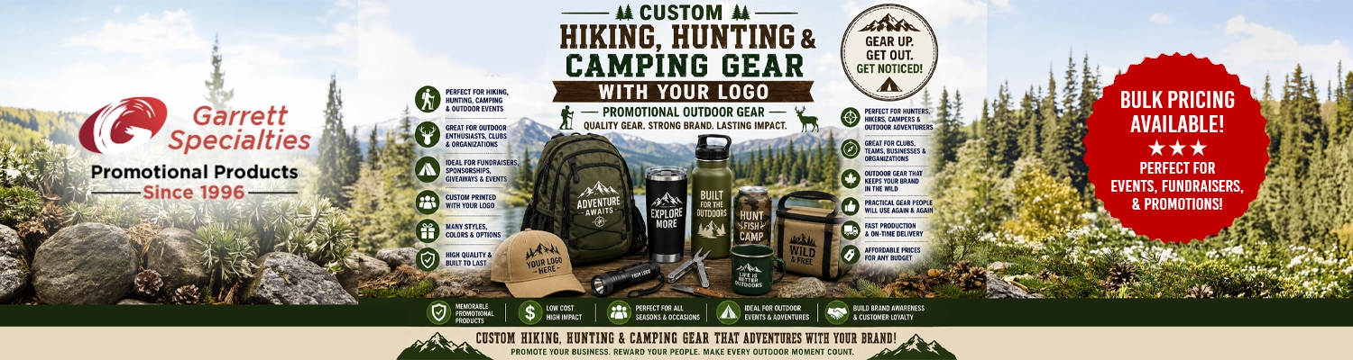 Assorted promotional camping gear, custom hiking tools, and hunting accessories printed with company logos