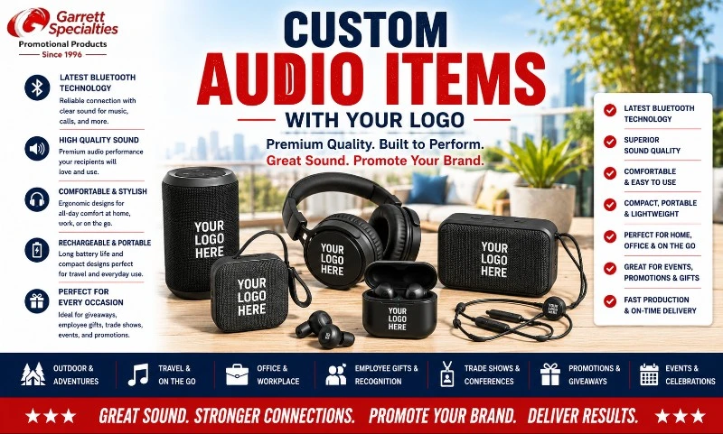 Custom Audio Items with Your Logo | Garrett Specialties Custom audio items with your logo including Bluetooth speakers, wireless earbuds, headphones, and promotional audio products for trade shows, employee gifts, and corporate giveaways.