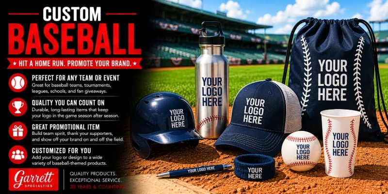 Custom Baseball Promotional Products Custom baseball promotional products with logo including baseballs, rally towels, sports bottles, and fan giveaways