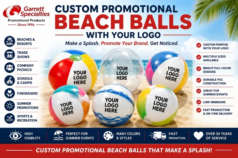 Custom Promotional Beach Balls with Your Logo Custom Promotional Beach Balls with Your Logo featuring personalized inflatable beach balls for trade shows, resorts, company picnics, schools, camps, summer promotions, fundraisers, and outdoor marketing events.