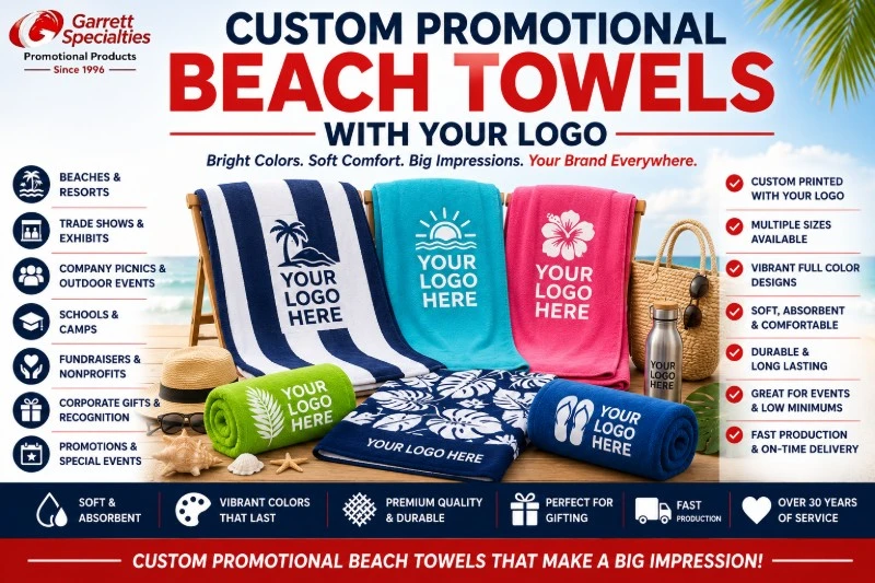 Custom Promotional Beach Towels with Your Logo featuring personalized beach towels for resorts, beaches, hotels, company picnics, trade shows, schools, camps, corporate gifts, fundraisers, and summer promotional events.