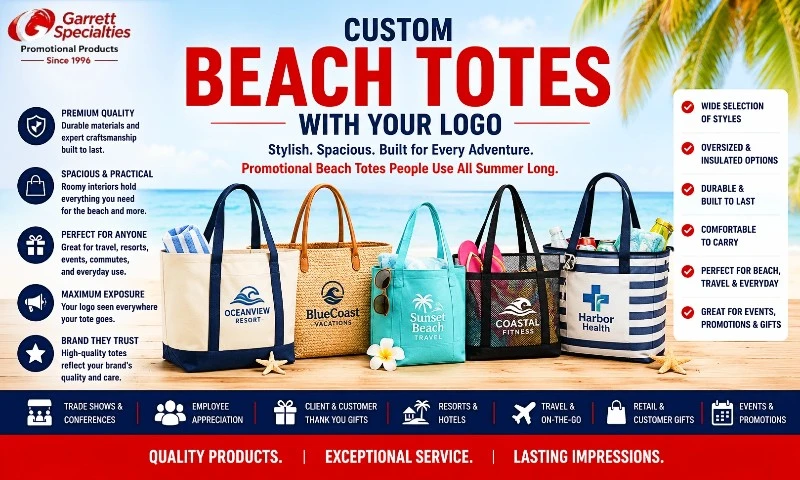 Custom Beach Totes with Your Logo Custom beach totes with logo including canvas, insulated, mesh, and oversized promotional beach tote bags for corporate giveaways, resorts, travel, and summer events.