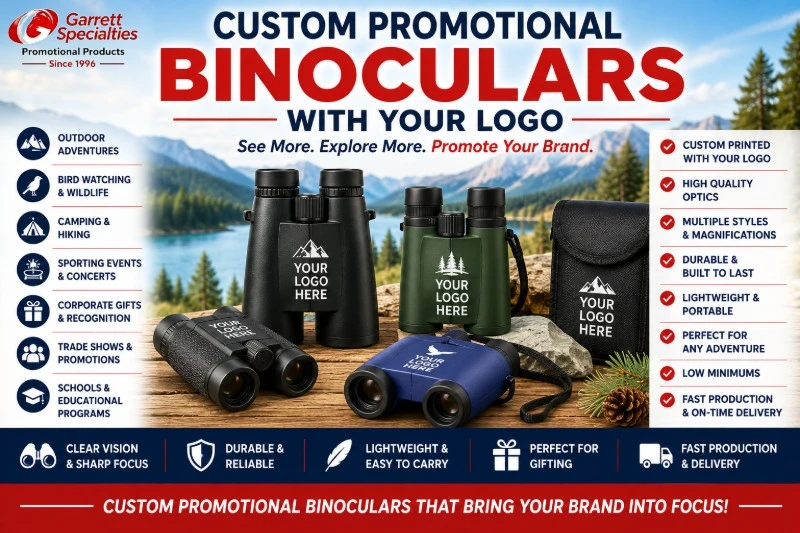 Custom Promotional Binoculars with Your Logo featuring personalized binoculars for outdoor adventures, bird watching, camping, hiking, sporting events, trade shows, corporate gifts, schools, and promotional marketing campaigns.