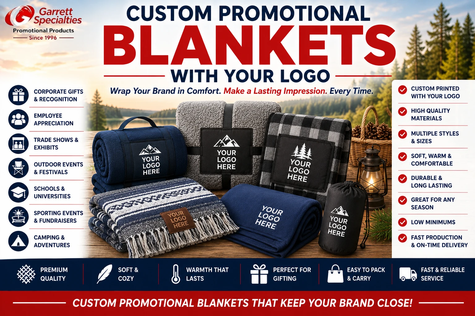 Custom Promotional Blankets with Your Logo featuring personalized fleece blankets, picnic blankets, stadium blankets, travel blankets, and cozy promotional blankets for corporate gifts, employee appreciation, trade shows, outdoor events, schools, fundraisers, and customer giveaways.