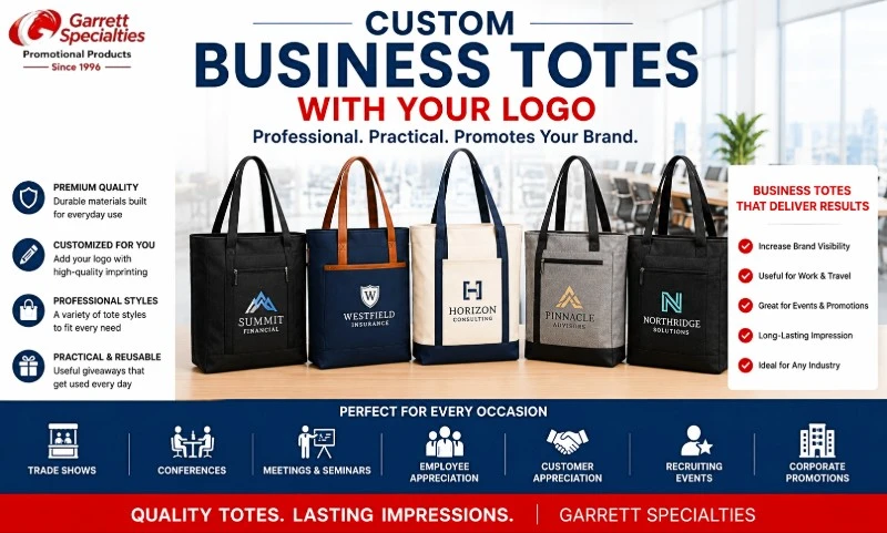 Custom Business Totes with Your Logo Custom business totes with logo including executive tote bags, conference totes, and promotional business tote bags for trade shows, meetings, employee gifts, and corporate events.