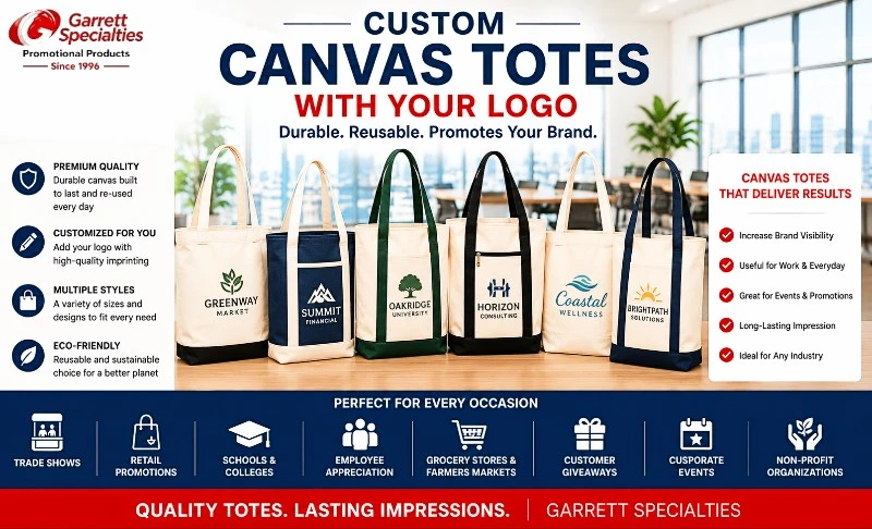 Custom Canvas Totes with Your Logo Custom canvas totes with logo including cotton tote bags, reusable shopping bags, and promotional canvas tote bags for trade shows, retail promotions, schools, and corporate events.