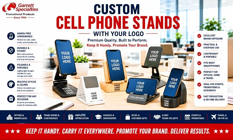 Custom cell phone stands with your logo including desktop phone stands, smartphone holders, mobile phone holders, and promotional phone stands for trade shows, offices, employee gifts, and corporate giveaways.