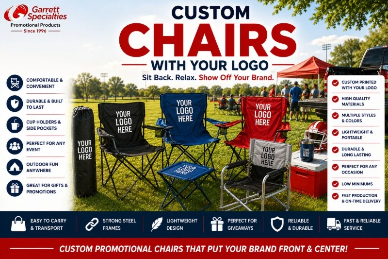 Custom Promotional Chairs with Your Logo featuring personalized folding chairs, camping chairs, director chairs, stadium chairs, beach chairs, and event chairs for trade shows, sporting events, company picnics, outdoor festivals, tailgates, and promotional giveaways. Custom Promotional Chairs with Your Logo featuring personalized folding chairs, camping chairs, director chairs, stadium chairs, beach chairs, and event chairs for trade shows, sporting events, company picnics, outdoor festivals, tailgates, and promotional giveaways.