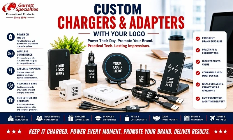 Custom chargers and adapters with your logo including wireless chargers, power banks, wall chargers, charging cables, USB adapters, and promotional phone charging accessories for trade shows, employee gifts, and corporate giveaways.