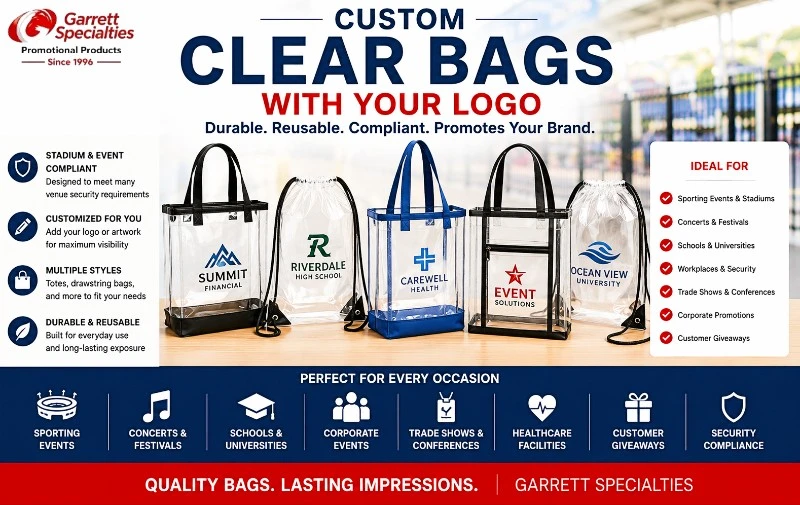 Custom Clear Bags with Your Logo Custom clear bags with your logo including stadium-approved tote bags and drawstring bags for promotional events