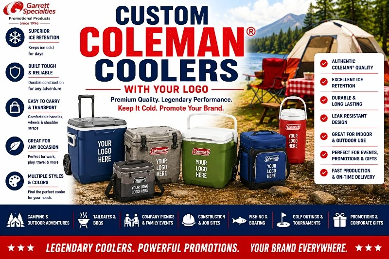 Custom Coleman® Coolers with Your Logo Custom Coleman® Coolers with Your Logo featuring personalized hard coolers, rolling coolers, soft-sided coolers, insulated cooler bags, beverage jugs, and premium Coleman® coolers for camping, company picnics, tailgates, golf tournaments, construction sites, and promotional giveaways.