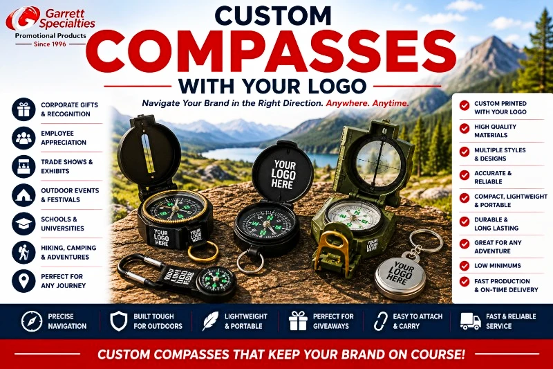 Custom Promotional Compasses with Your Logo featuring personalized pocket compasses, hiking compasses, military-style compasses, keychain compasses, and navigation tools for camping, scouting, outdoor adventures, trade shows, corporate gifts, schools, and promotional giveaways.