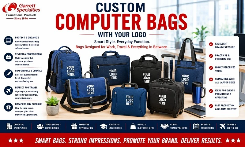 Custom Computer Bags with Your Logo Custom computer bags with your logo including laptop backpacks, messenger bags, laptop sleeves, executive briefcases, rolling computer bags, and promotional laptop totes for trade shows, employee gifts, and corporate giveaways.