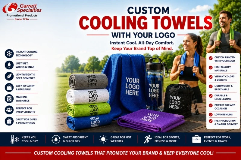 Custom Promotional Cooling Towels with Your Logo Custom Promotional Cooling Towels with Your Logo featuring personalized cooling towels for sports teams, fitness centers, gyms, outdoor events, company wellness programs, trade shows, golf tournaments, schools, healthcare, and summer promotional giveaways.