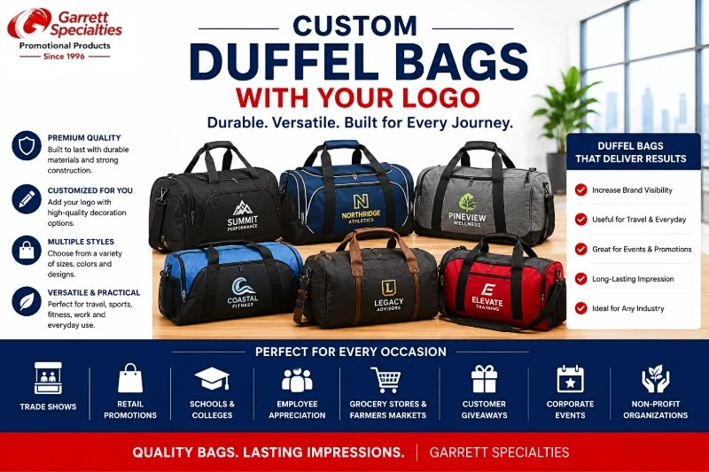 Custom Duffel Bags with Your Logo Custom duffel bags with your logo including travel bags, gym bags, sports duffels, and weekender bags