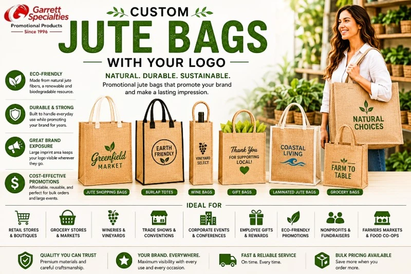 Custom Jute Bags with Your Logo Custom jute bags with your logo including eco-friendly shopping bags, burlap totes, wine bags, gift bags, and reusable grocery bags