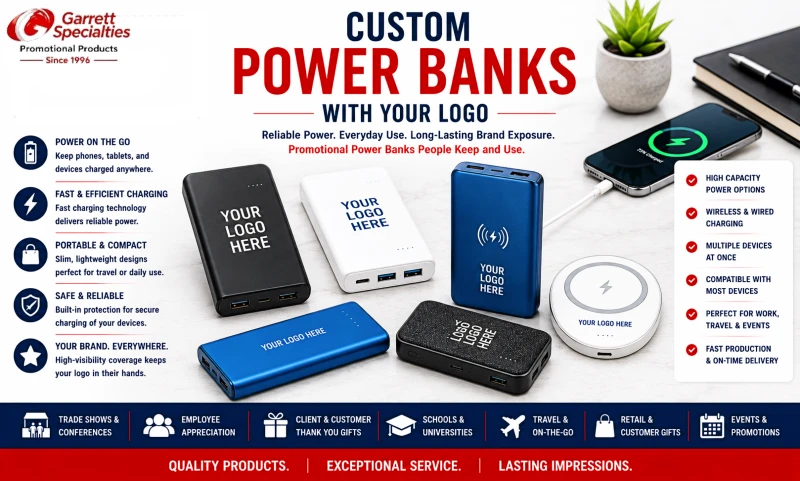 Custom Power Banks with Your Logo Custom power banks with your logo including portable power banks, wireless power banks, USB power banks, fast charging power banks, and promotional portable chargers for trade shows, employee appreciation, customer giveaways, and corporate promotions.