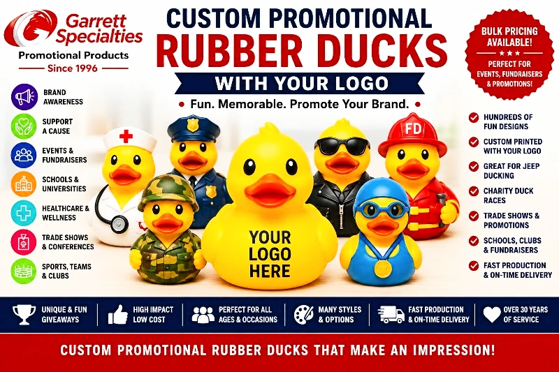 Custom Promotional Rubber Ducks with Your Logo | Personalized Rubber Duck Giveaways Custom Promotional Rubber Ducks with Your Logo featuring personalized rubber duck giveaways for Jeep Ducking, trade shows, charity duck races, fundraisers, schools, hospitals, and promotional events.