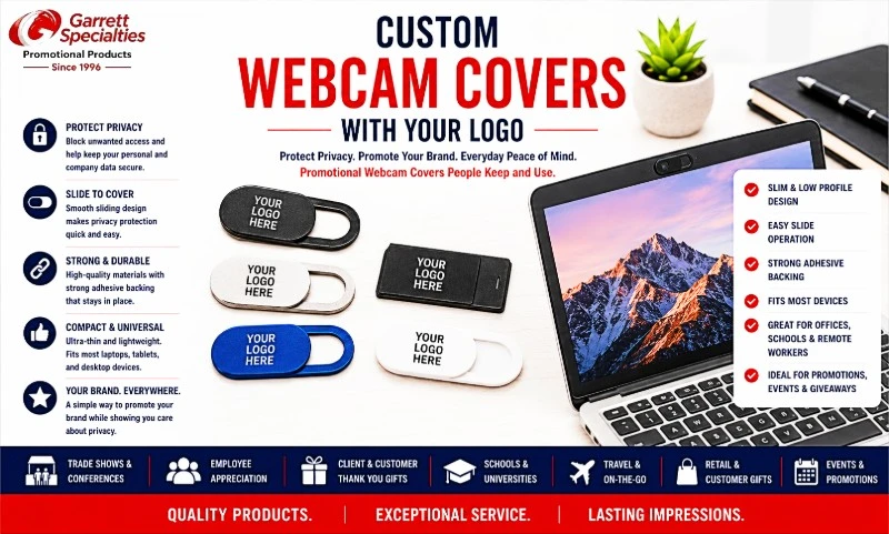 Custom Webcam Covers with Your Logo Custom webcam covers with your logo including sliding webcam covers, laptop webcam covers, webcam privacy covers, and promotional webcam covers for trade shows, employee appreciation, customer giveaways, schools, and corporate promotions.