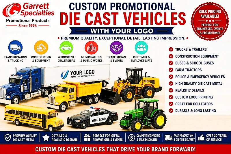 Custom Promotional Die Cast Vehicles with Your Logo Custom promotional die cast vehicles with your logo including trucks, tractor trailers, construction equipment, school buses, police cars, farm tractors, and collectible model vehicles for transportation companies, trade shows, and corporate promotions