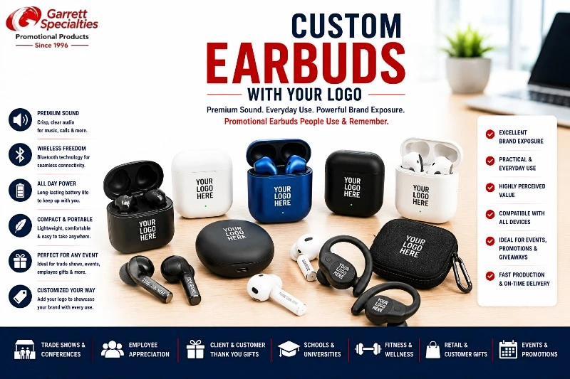 Custom earbuds with your logo including wireless earbuds, Bluetooth earbuds, true wireless earbuds, and promotional earbuds for trade shows, employee appreciation, customer giveaways, corporate gifts, and technology promotions.
