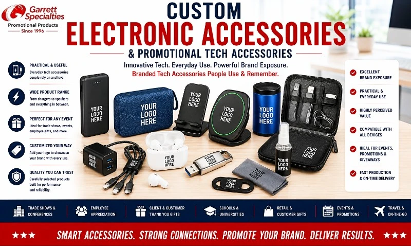 Custom electronic accessories with your logo including power banks, wireless chargers, Bluetooth speakers, phone stands, earbuds, USB flash drives, charging cables, screen cleaning products, and promotional tech accessories for trade shows, employee gifts, and corporate giveaways. Custom electronic accessories with your logo including power banks, wireless chargers, Bluetooth speakers, phone stands, earbuds, USB flash drives, charging cables, screen cleaning products, and promotional tech accessories for trade shows, employee gifts, and corporate giveaways.
