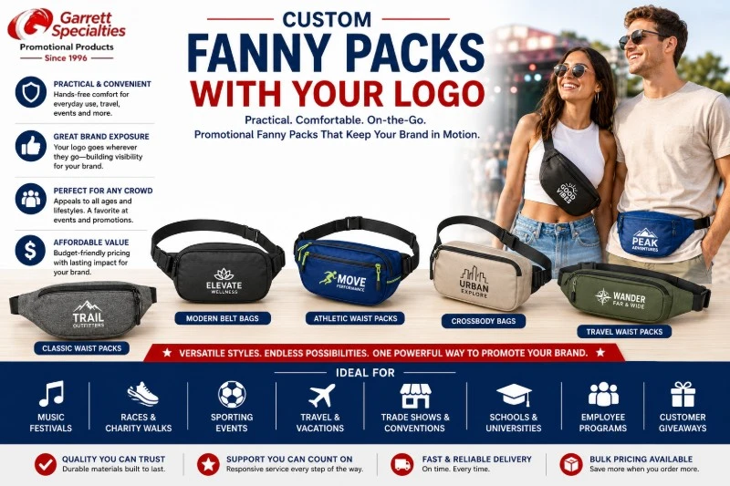 Custom Fanny Packs with Your Logo Custom fanny packs with your logo including belt bags, waist packs, crossbody bags, and promotional festival packs