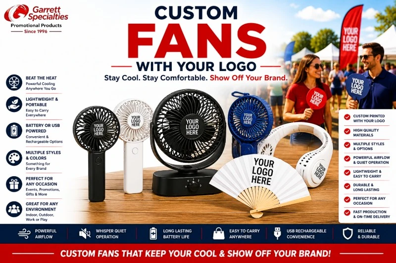 Custom Promotional Fans with Your Logo featuring personalized handheld fans, rechargeable fans, USB fans, folding fans, neck fans, and portable cooling fans for trade shows, outdoor events, company picnics, sporting events, schools, and summer promotional giveaways.