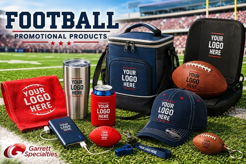 Football Promotional Items Custom football promotional products with logo including coolers, rally towels, footballs, and fan giveaways