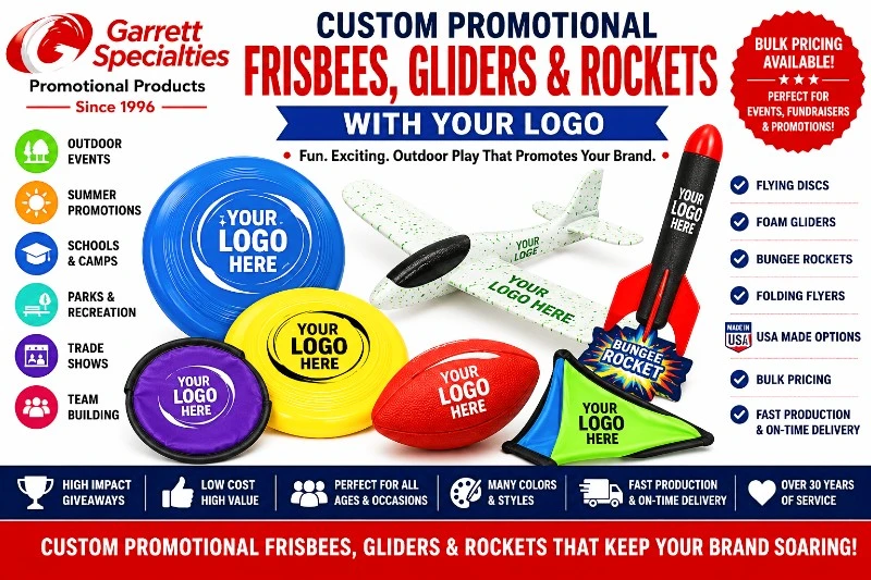 Custom Promotional Frisbees, Gliders & Rockets with Your Logo | Outdoor Promotional Giveaways Custom Promotional Frisbees, Gliders & Rockets with Your Logo featuring personalized flying discs, foam gliders, bungee rockets, folding flyers, and outdoor promotional giveaways for schools, camps, trade shows, parks, company picnics, and community events.