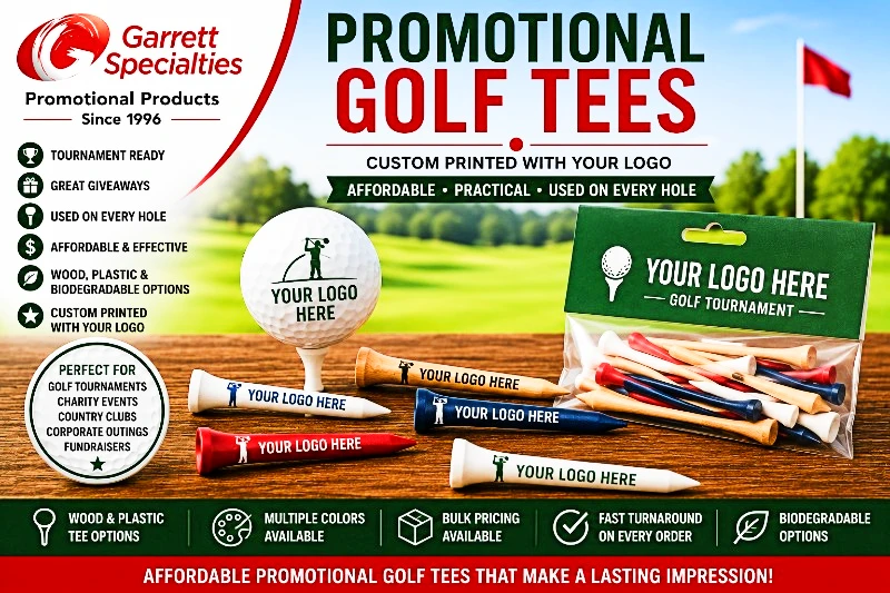 Promotional Golf Tees with Your Logo Promotional golf tees with your logo including wood and plastic tees for golf tournaments, charity events, country clubs, and corporate outings