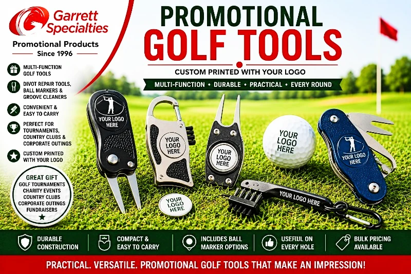 Promotional Golf Tools with Your Logo Promotional golf tools with your logo including multi-function golf tools, divot repair tools, ball markers, groove cleaners, and golf accessories for tournaments and corporate outings
