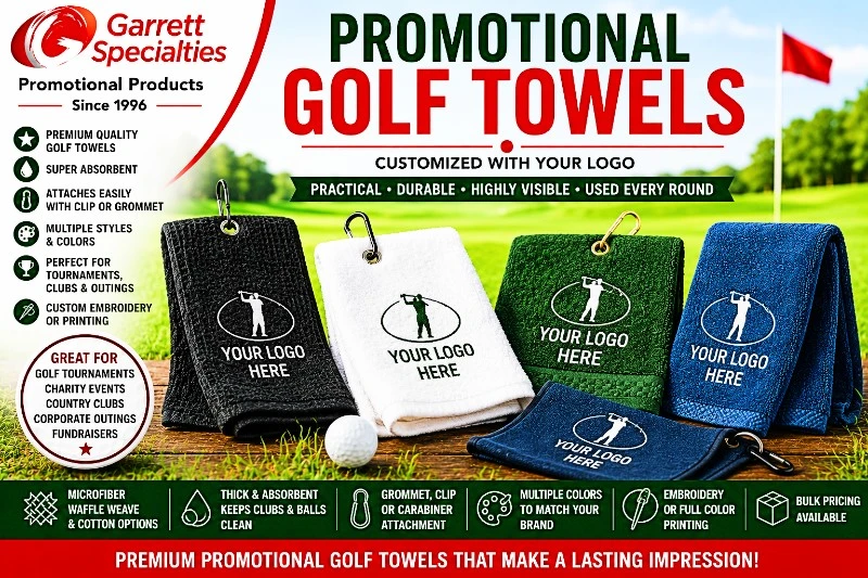 Promotional Personalized Golf Towels with Your Logo Promotional golf towels with your logo including microfiber, waffle weave, cotton, and tri-fold towels for golf tournaments, country clubs, and corporate outings