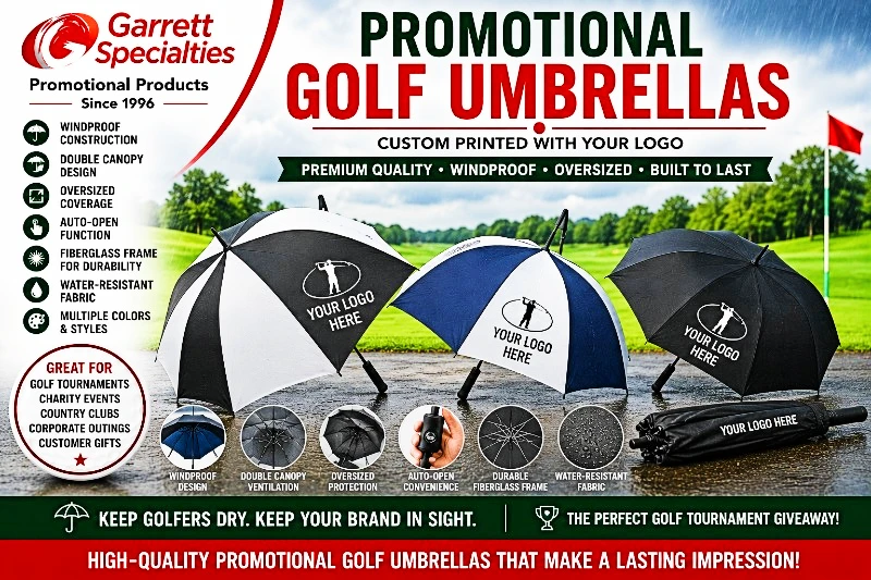 Promotional Golf Umbrellas with Your Logo Promotional golf umbrellas with your logo including windproof, double canopy, oversized, and auto-open umbrellas for golf tournaments, corporate outings, and country clubs