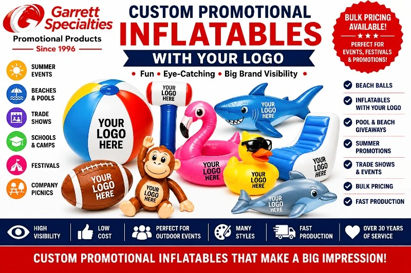 Custom Promotional Inflatables with Your Logo | Beach Balls, Pool Toys & Summer Giveaways Custom Promotional Inflatables with Your Logo featuring personalized beach balls, inflatable hammers, flamingos, sharks, ducks, footballs, lounge chairs, and pool toys for trade shows, summer promotions, festivals, company picnics, beaches, and promotional events.