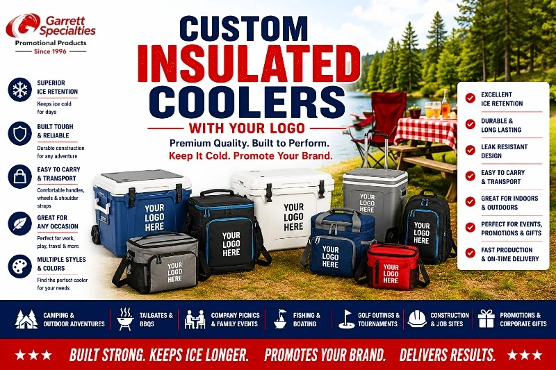 Custom Insulated Coolers with Your Logo featuring personalized hard coolers, soft-sided coolers, backpack coolers, rolling coolers, insulated lunch coolers, cooler bags, and premium insulated coolers for company picnics, trade shows, golf tournaments, outdoor events, and promotional giveaways.