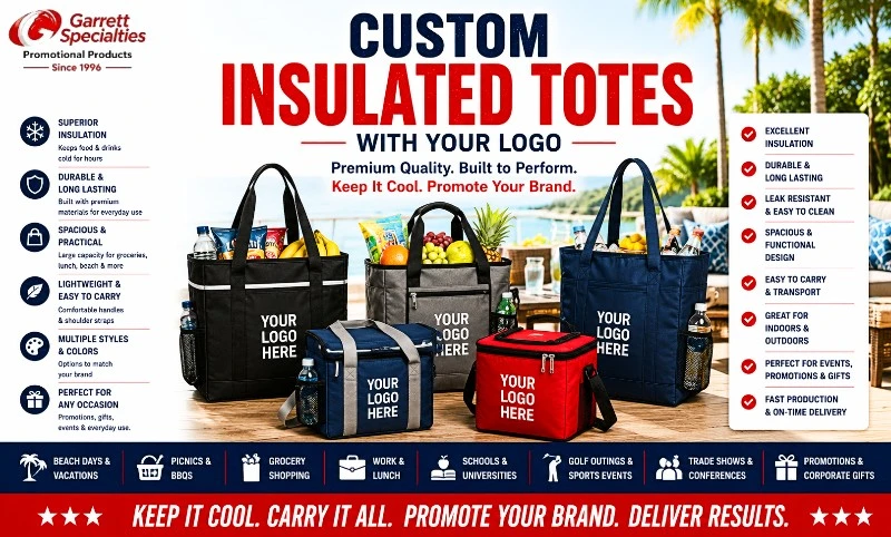 Custom Insulated Tote Bags with Your Logo | Garrett Specialties Custom insulated tote bags with your logo for grocery shopping, company picnics, trade shows, corporate gifts, beach outings, and promotional giveaways.