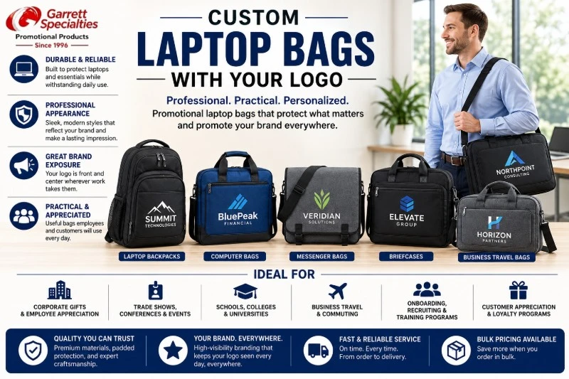 Custom laptop bags with your logo including computer bags, laptop backpacks, messenger bags, briefcases, and business travel bags