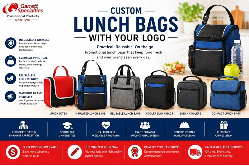 Custom Lunch Bags with Your Logo Custom lunch bags with your logo including insulated lunch bags, lunch totes, reusable lunch bags, cooler lunch bags, and compact lunch coolers for promotional events and corporate gifts