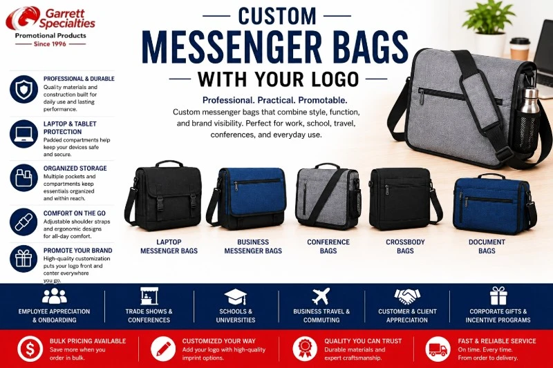 Custom Messenger Bags with Your Logo Custom messenger bags with your logo including laptop messenger bags, business messenger bags, conference bags, crossbody bags, and document bags for corporate promotions