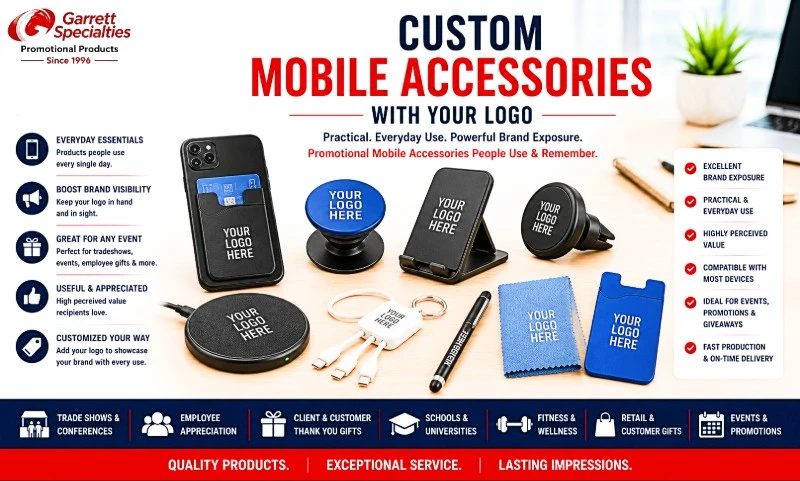 Custom Mobile Accessories with Your Logo Custom mobile accessories with your logo including phone wallets, phone grips, wireless chargers, cell phone stands, charging cables, stylus pens, screen cleaning cloths, and promotional smartphone accessories for trade shows, employee gifts, and corporate giveaways.