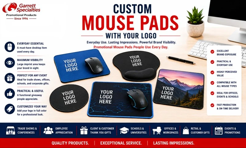 Custom Mouse Pads with Your Logo Custom mouse pads with your logo including standard mouse pads, ergonomic mouse pads, gaming mouse pads, wrist rest mouse pads, and promotional computer mouse pads for offices, trade shows, employee gifts, and corporate giveaways.