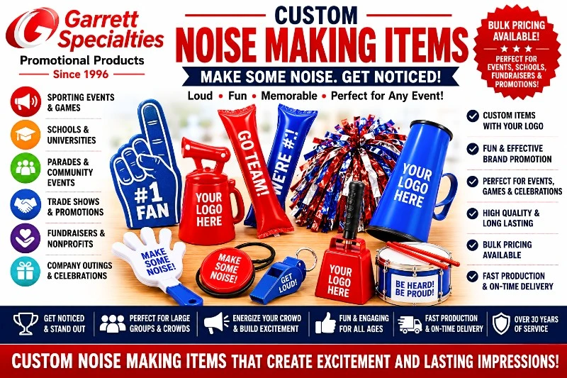 Custom Promotional Noise Making Items with Your Logo Custom Promotional Noise Making Items with Your Logo featuring megaphones, hand clappers, thunder sticks, cowbells, pom-poms, whistles, air horns, and noisemakers for sporting events, pep rallies, trade shows, schools, fundraisers, parades, and promotional events.