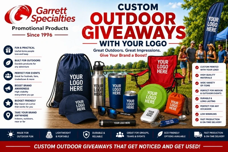 Custom Outdoor Giveaways with Your Logo Custom Outdoor Giveaways with Your Logo featuring personalized folding chairs, insulated tumblers, stainless steel water bottles, drawstring bags, flying discs, caps, flashlights, multi-tools, sunglasses, and outdoor promotional products for company picnics, trade shows, festivals, parks, schools, camps, and summer events.
