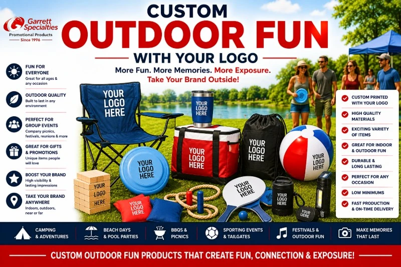Custom Outdoor Fun Products with Your Logo Custom Outdoor Fun Products with Your Logo featuring personalized beach balls, flying discs, folding chairs, coolers, outdoor games, picnic accessories, paddle games, cornhole bags, tumblers, lanterns, and promotional outdoor products for company picnics, trade shows, festivals, schools, parks, and summer events.