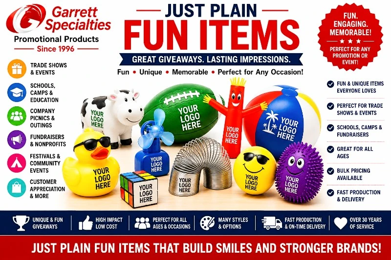 Custom Just Plain Fun Promotional Items with Your Logo Custom Just Plain Fun Promotional Items with Your Logo featuring rubber ducks, beach balls, inflatables, stress relievers, puzzles, fans, flying toys, novelty giveaways, and fun promotional products for trade shows, schools, festivals, company events, and customer appreciation.