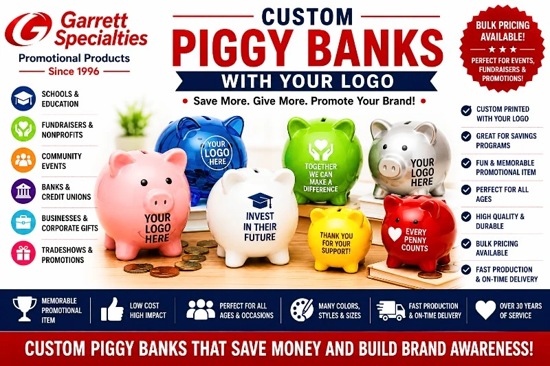 Custom Promotional Piggy Banks with Your Logo Custom Promotional Piggy Banks with Your Logo featuring personalized ceramic and plastic piggy banks for banks, credit unions, schools, fundraisers, nonprofit organizations, trade shows, community events, financial education, and promotional giveaways.