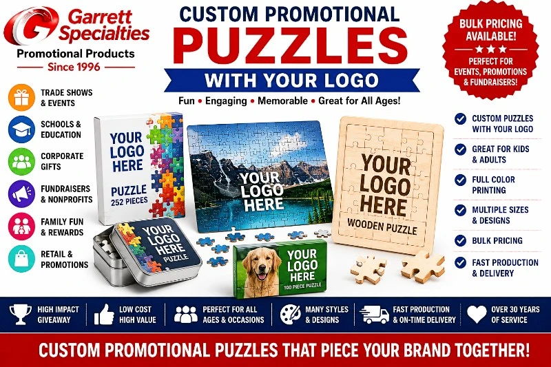 Custom Promotional Puzzles Personalized with Your Logo Custom Promotional Puzzles with Your Logo featuring personalized jigsaw puzzles, wooden puzzles, puzzle tins, full-color puzzles, and custom promotional puzzle giveaways for trade shows, schools, fundraisers, corporate gifts, and promotional events.
